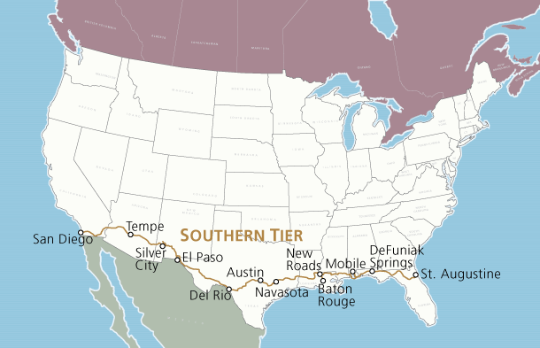 ACA Southern Tier bike tour route